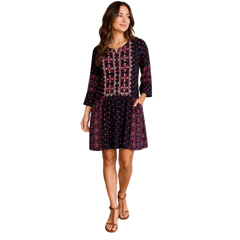 Vanessa Virginia Anthropologie Embroidered Boho Mini Dress Black Pink Medium